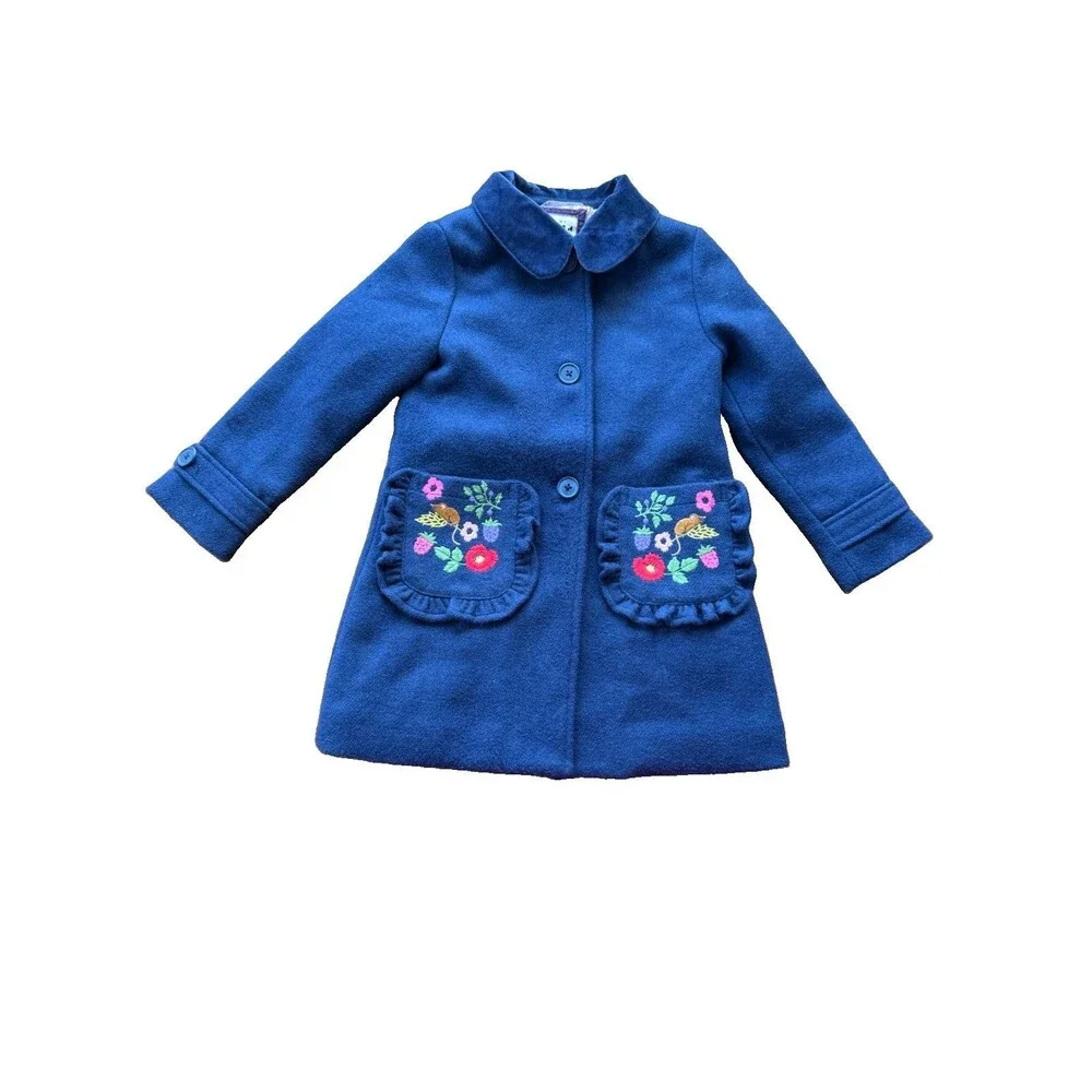 Mini Boden 3 Button Embroidered Trim Wool Blend Coat Sz 4-5 Youth Cottage Whimsy